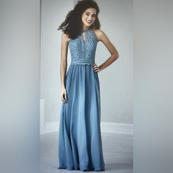 CHRISTINA WU HALTER NECK LACE CHIFFON BRIDSMADE LONG DRESS NAVY BLUE BRAS SIZE 2 - Picture 7 of 15